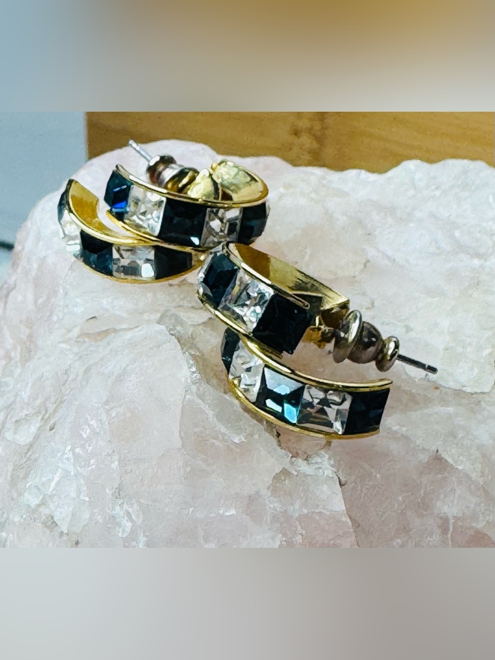 Gold-Tone Blue & Clear Crystal Double Hoop Earrings